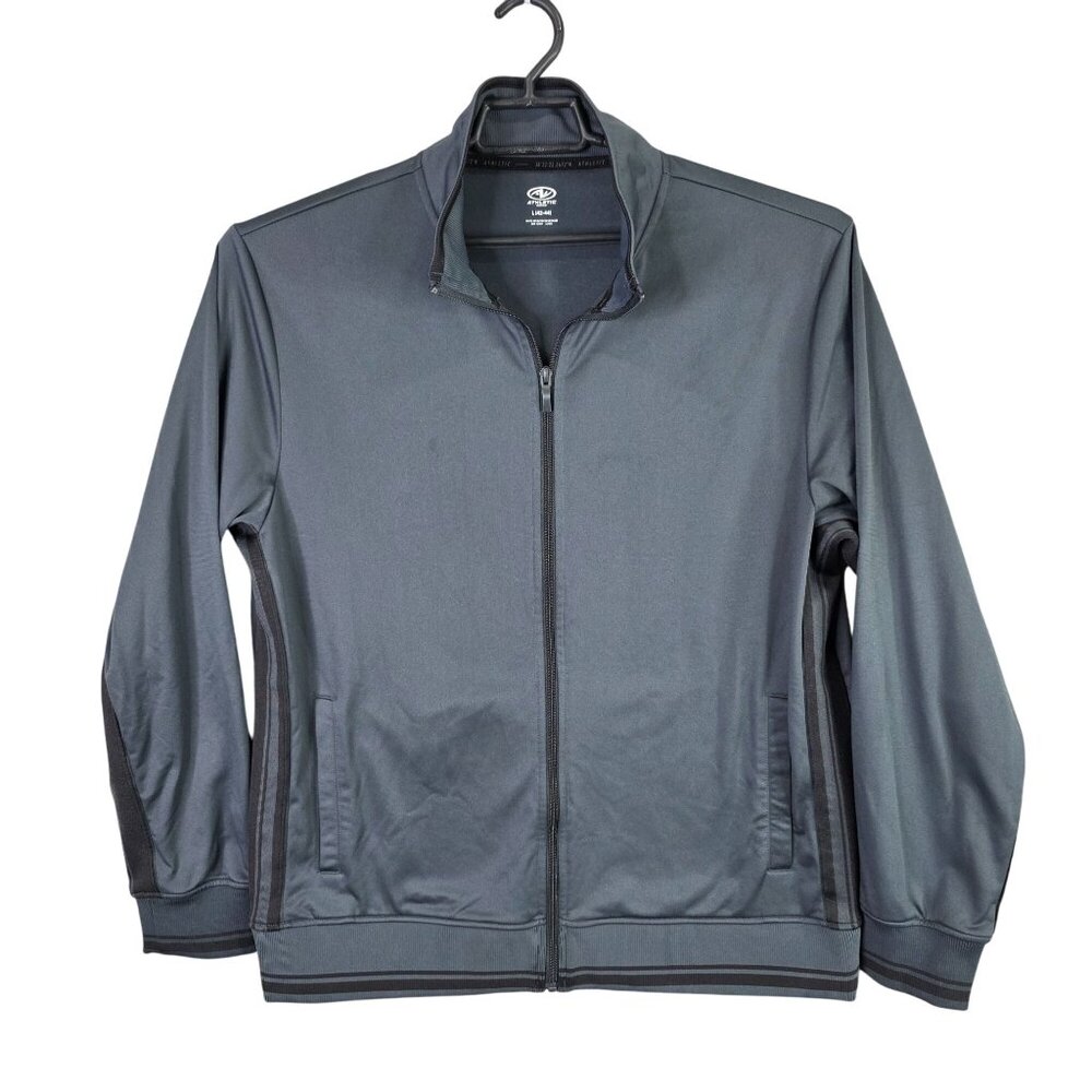 Mens Athletic Gray & Black Full Zip Jacket Long Sleeve Polyester Stretch Size L